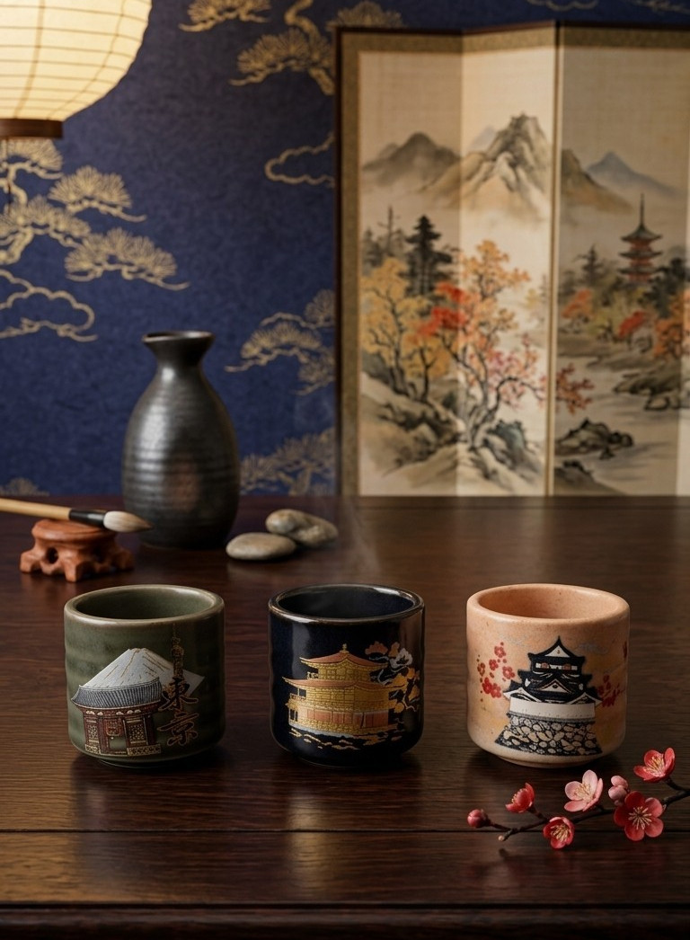 Japanese Ceramic Stoneware Sake Cup Tea Set Of 3 Yunomi Ochawan Barware
