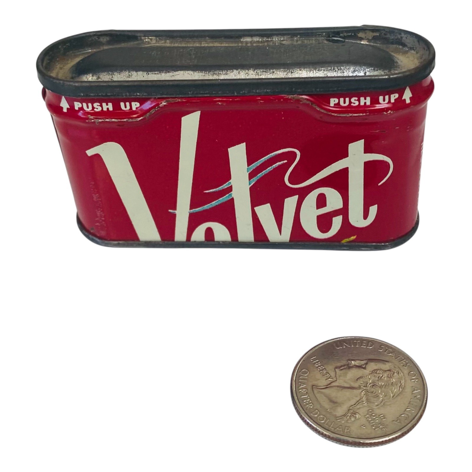 Antique America's Velvet Half Pipe Tobacco Tin Match Safe Empty Pocket Size Tin