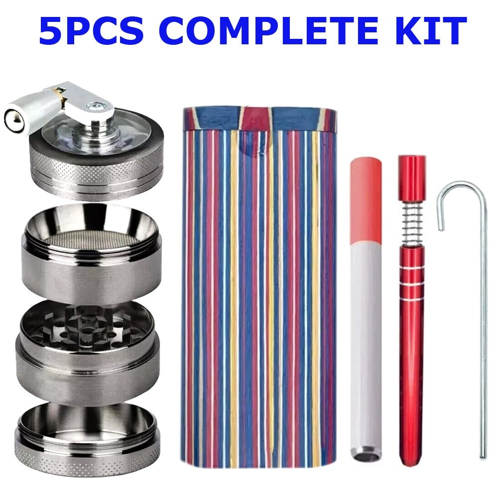 5PC Wooden Dugout Pipe Self Cleaning Metal Bat Poker Smoking Pipe One Hitter Kit