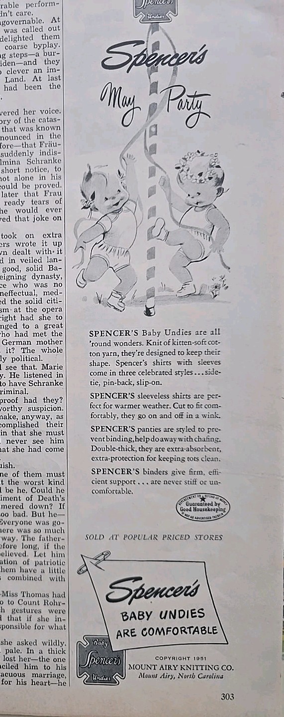 1951 Mount Airy Spencer's Boys Girls Baby Undies May Party fashion Art Ad 