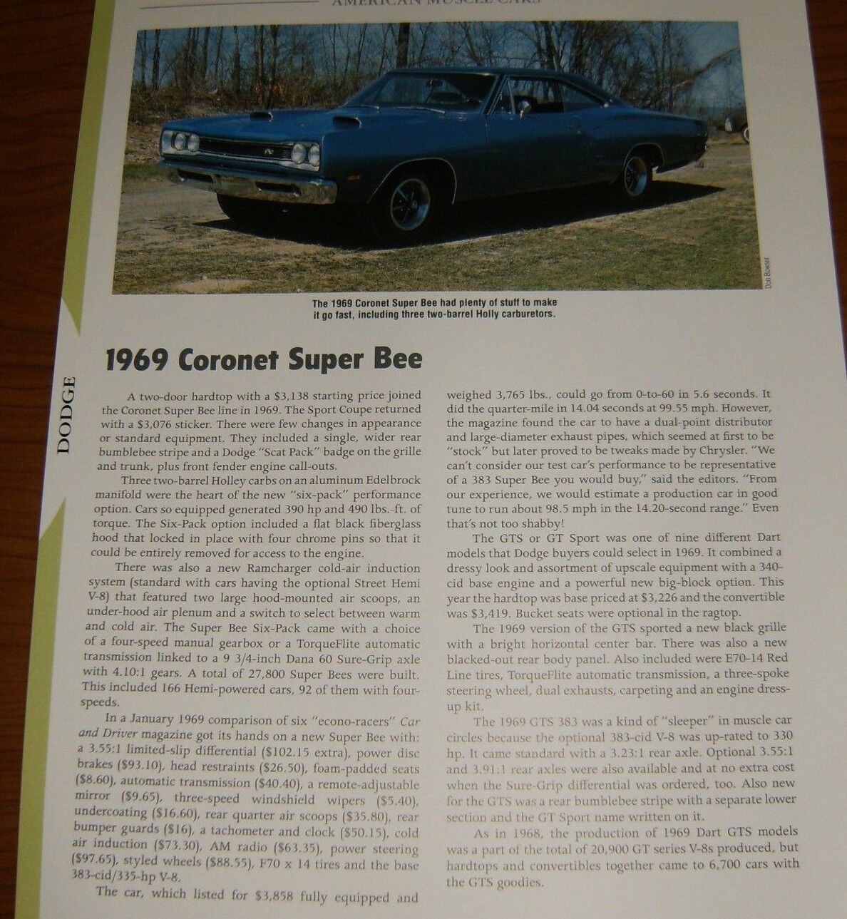 ★★1969 DODGE CORONET SUPER BEE SPECS INFO PHOTO 69 383 SUPERBEE MOPAR★★