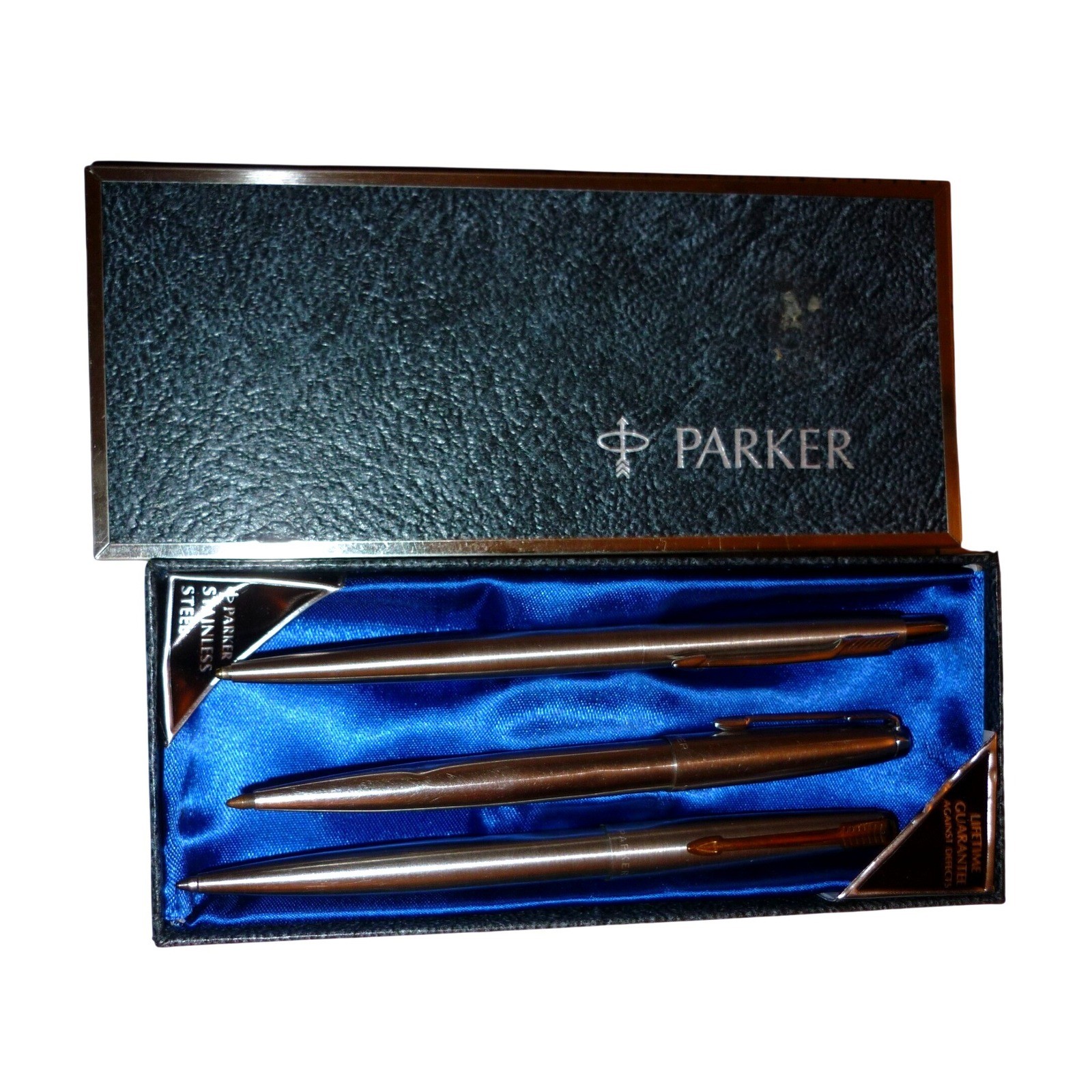 Vintage Parker Stainless Steel 3 Piece Pen Pencil Set Fountain Ballpoint Boxed