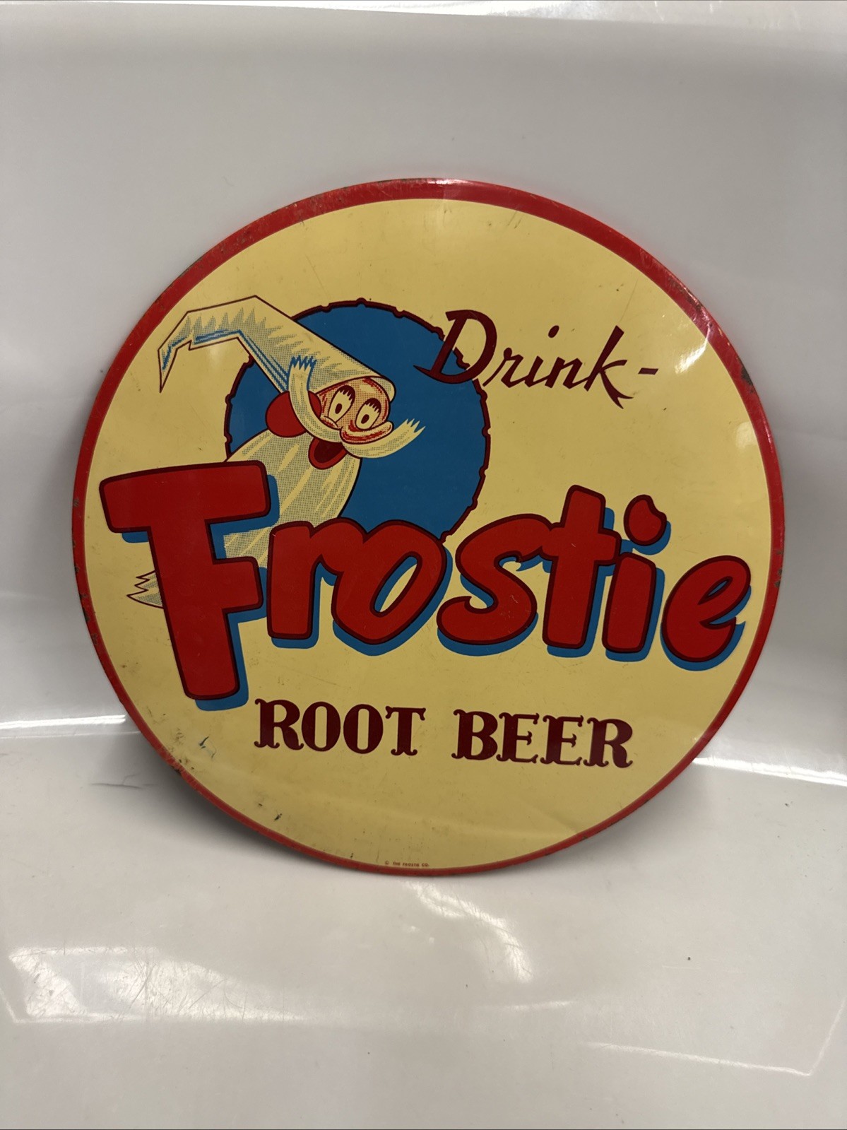 VINTAGE 1950'S FROSTIE ROOT BEER SODA POP GAS STATION METAL SIGN  9”