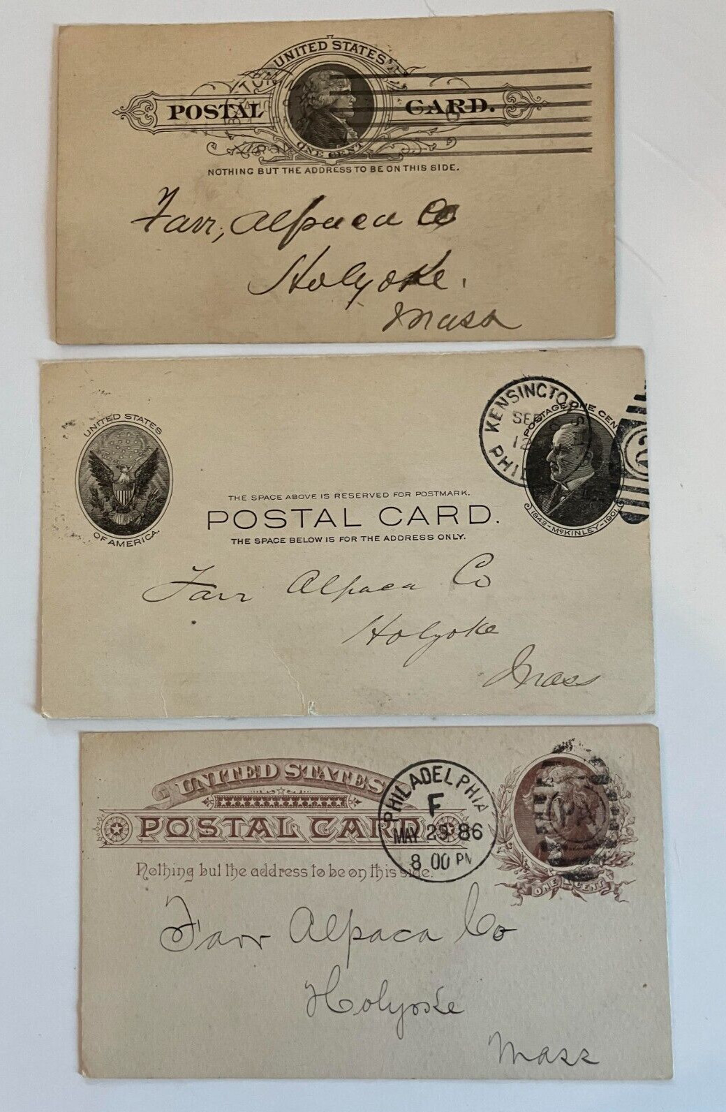 Post Cards Farr Alpaca Co 1886 1894 1904 Holyoke MA business communication