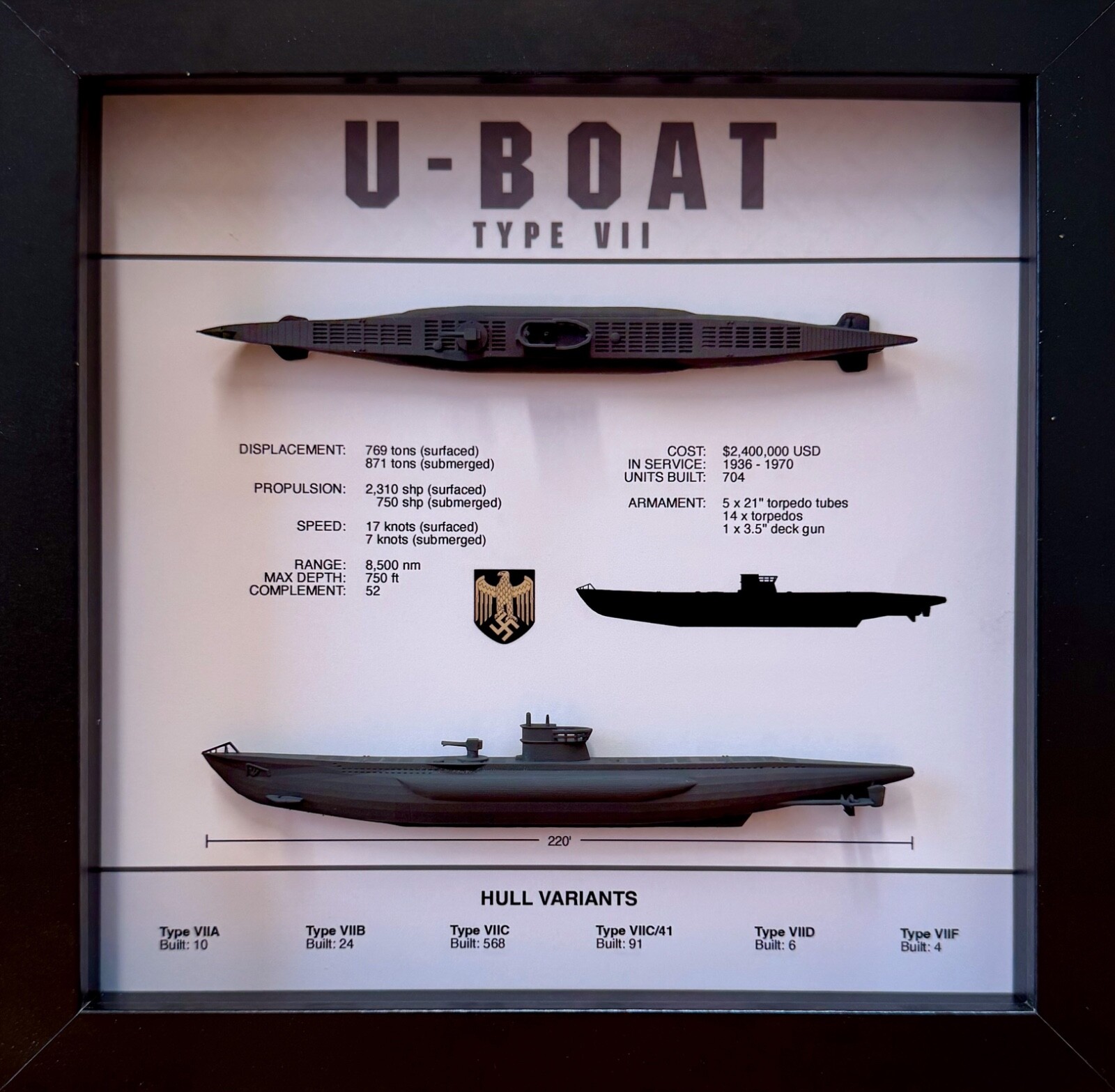U-Boat Type VII Submarine Memorial Display Shadow Box, 9\