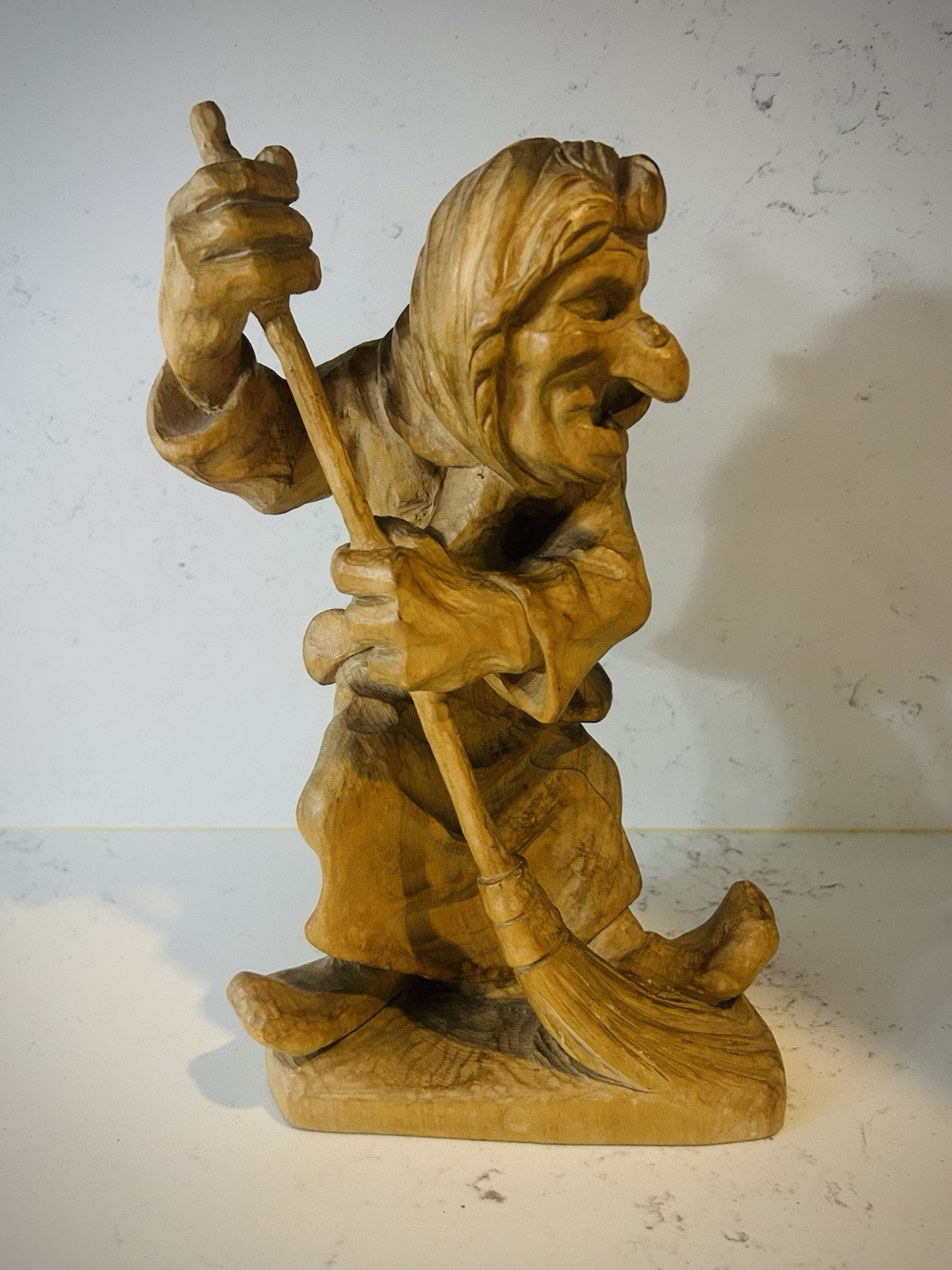 Vintage Hand-Carved Wood Witch Statue From Germany. Halloweeen Decoration.