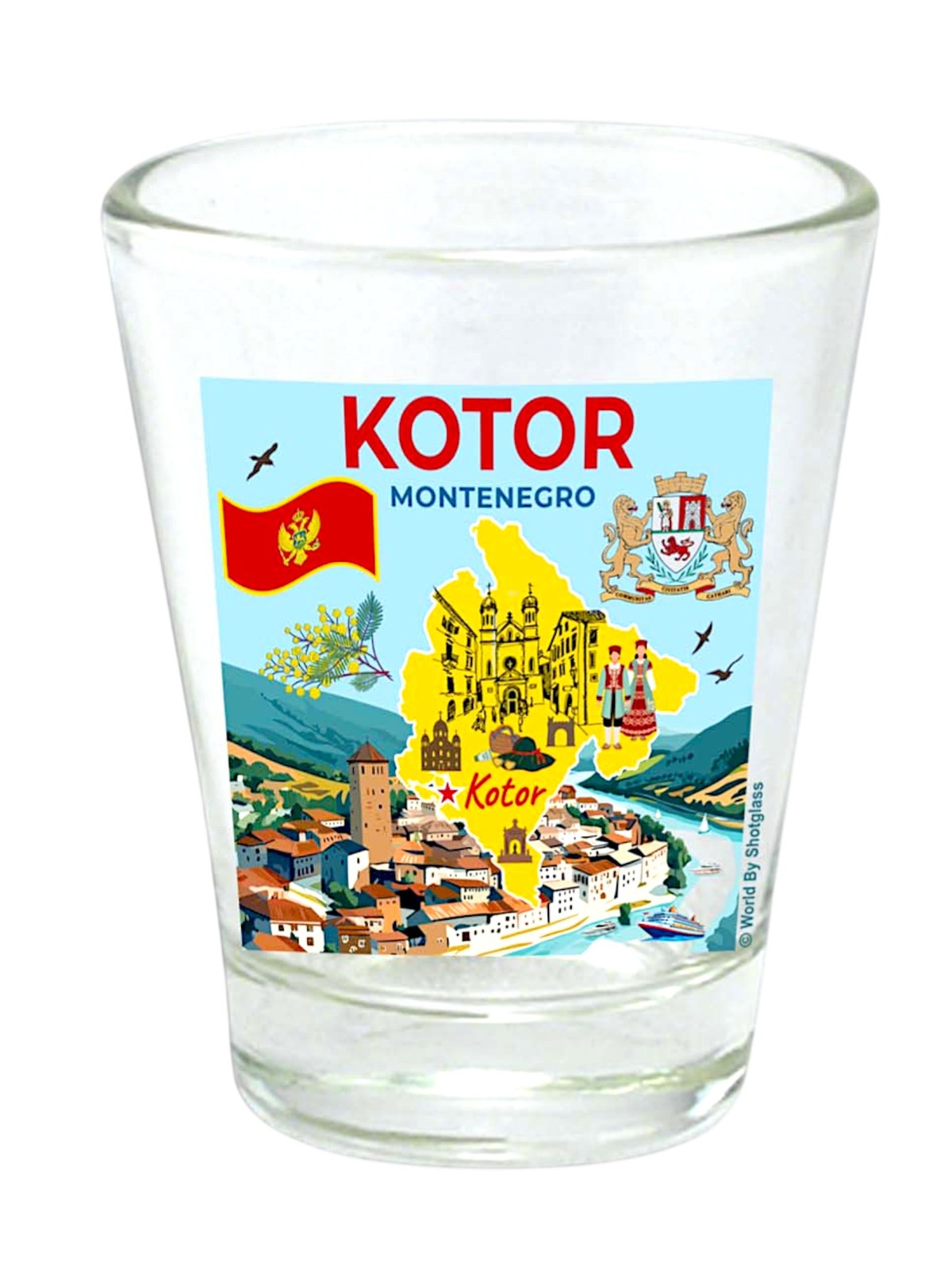 Kotor Montenegro Map and Attractions Collage Shot Glass