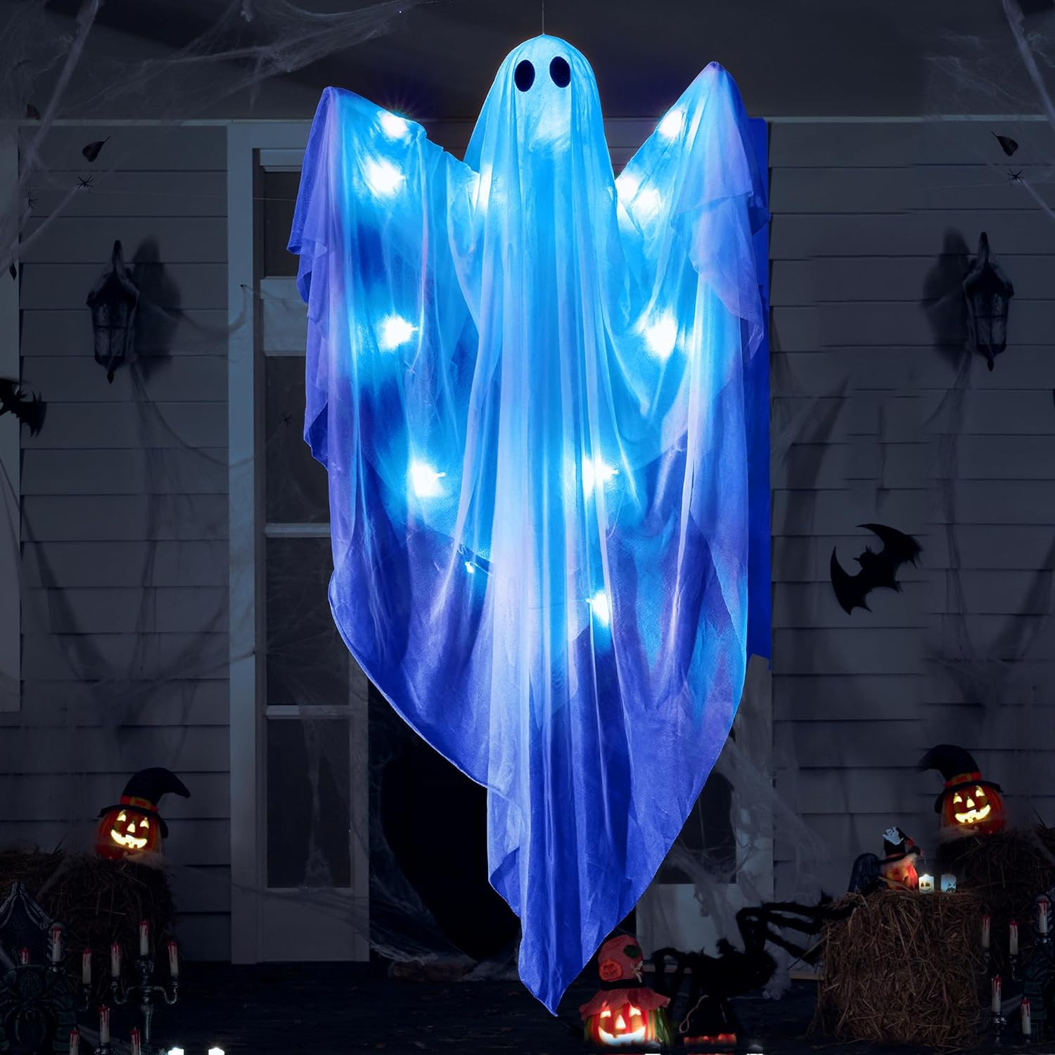 Halloween Hanging Light up Ghost, 47” White Ghosts with Blue LED Light and Timer
