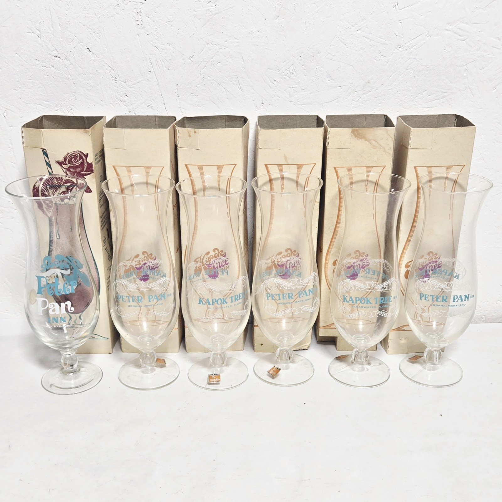 6 Vtg 1970s Kapok Tree Inn FL Peter Pan Inn MD Hand blown Glasses TIki Hurricane