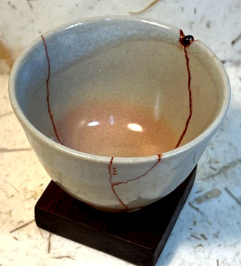 Kintsugi Japanese style repair technique,Hagi Yaki ceramic tea cup, sea glass,VG