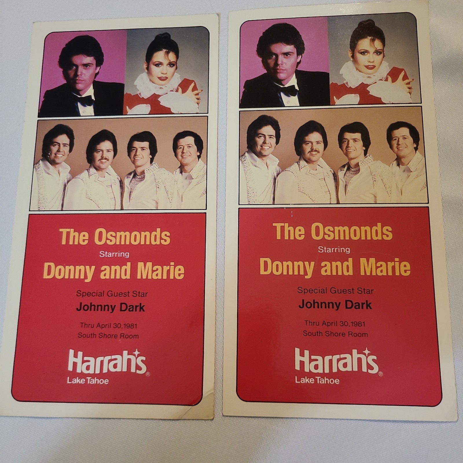 RARE-2-THE OSMONDS DONNY AND MARIE LAKE TAHOE HARRAHS 1981 Advertising Postcards