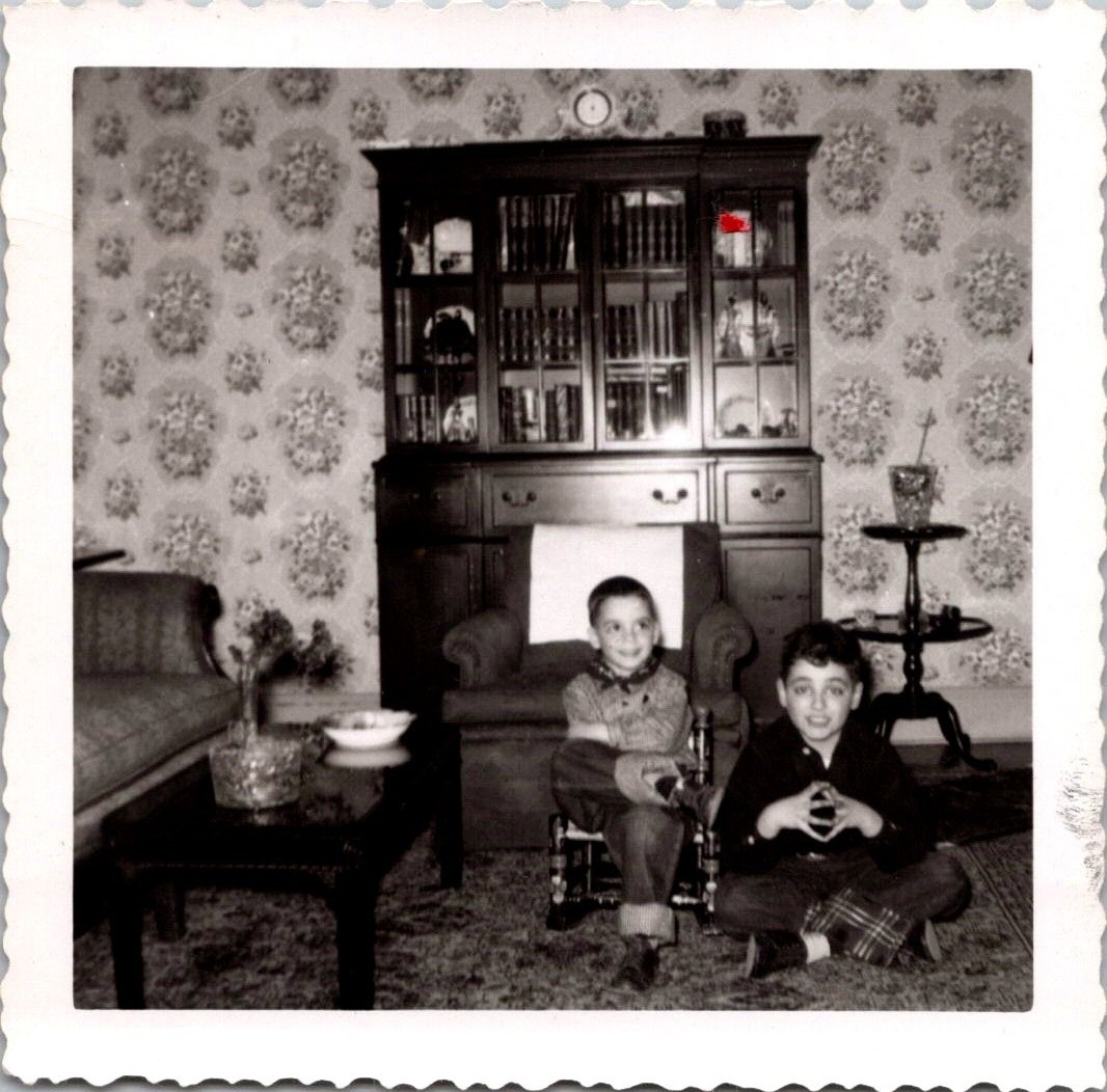 Vintage 1950s Snapshot Photo Two Boys Living Room Home Decor Scalloped Edge