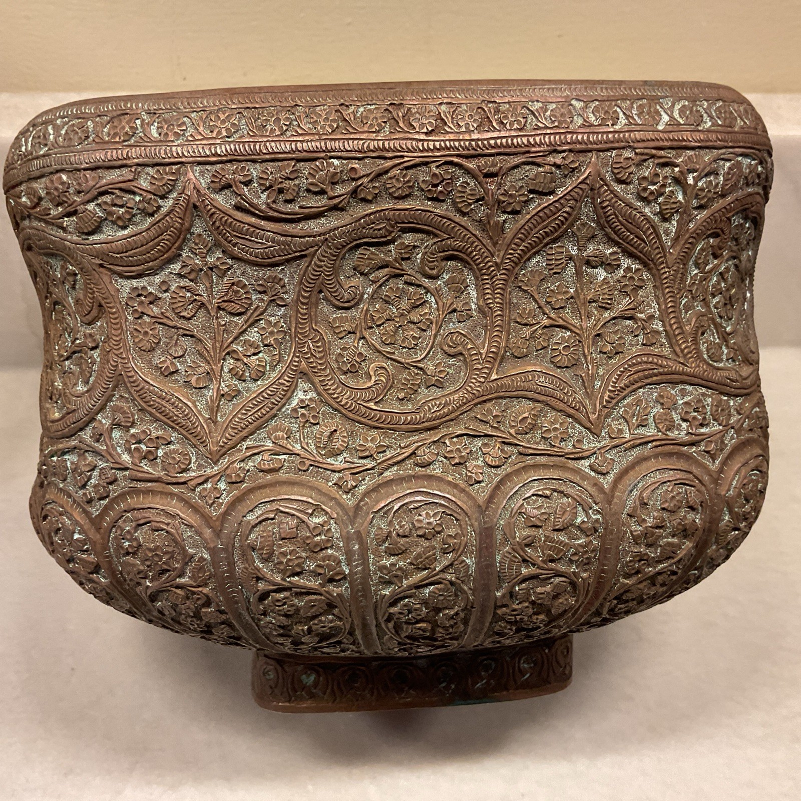 Antique Heavily Engraved Copper Floral Bowl Planter Great Detail And Patina