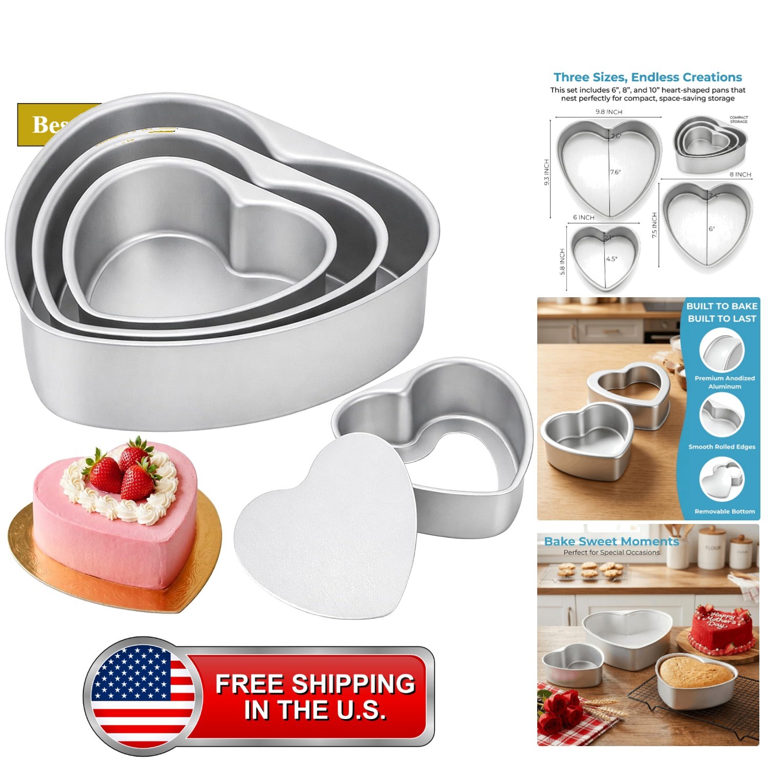 3 Pcs Heart Shaped Cake Pans with Removable Bottom, 6/8/10 Inch Aluminum Chee...