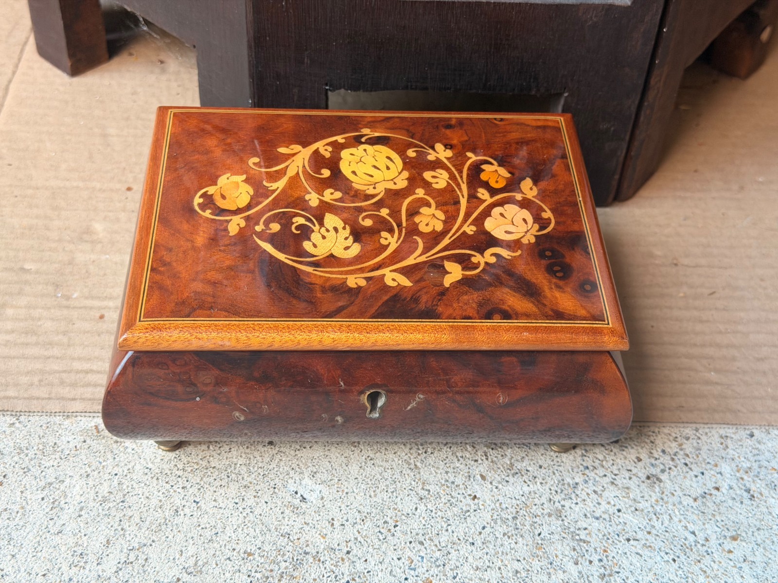 Vintage Reuge Swiss Music Box As Time Goes By Burl Wood Floral Inlay Box 7