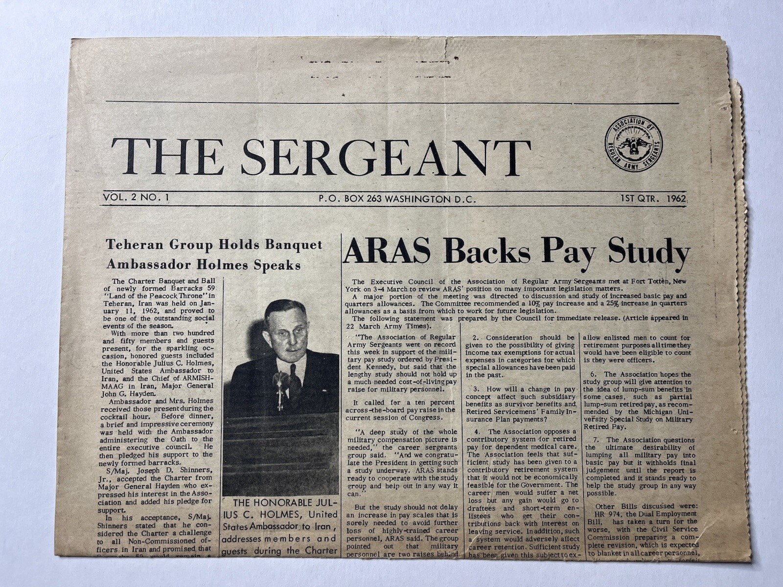 Sergeant Newspaper Vol 2 #1 Quarter 1 1962 ARAS Backpay Julius Holmes Iran