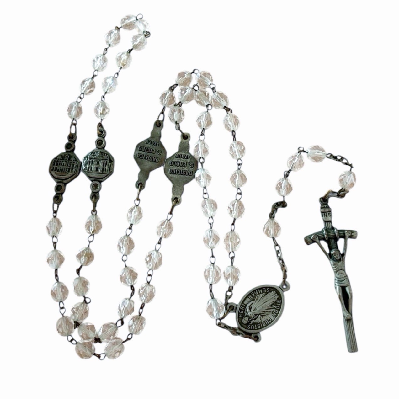VTG AB Crystal Faceted Rosary 4 Basilicas ROMA CITA ETERNA Italy 20” Sterling