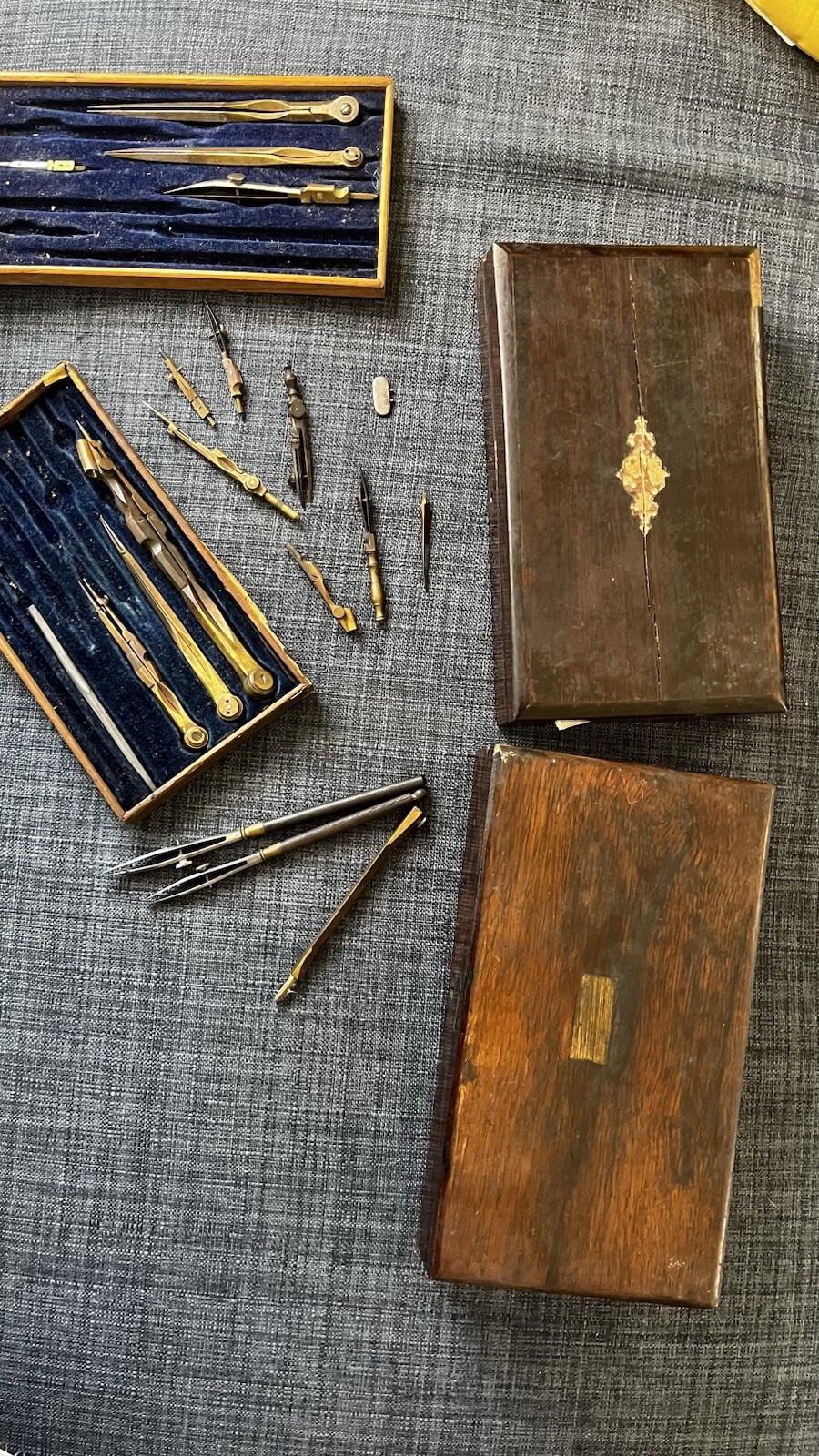 Antique Victorian Drafting Drawing Instruments Lot 2 Boxes Brass Compass Divider
