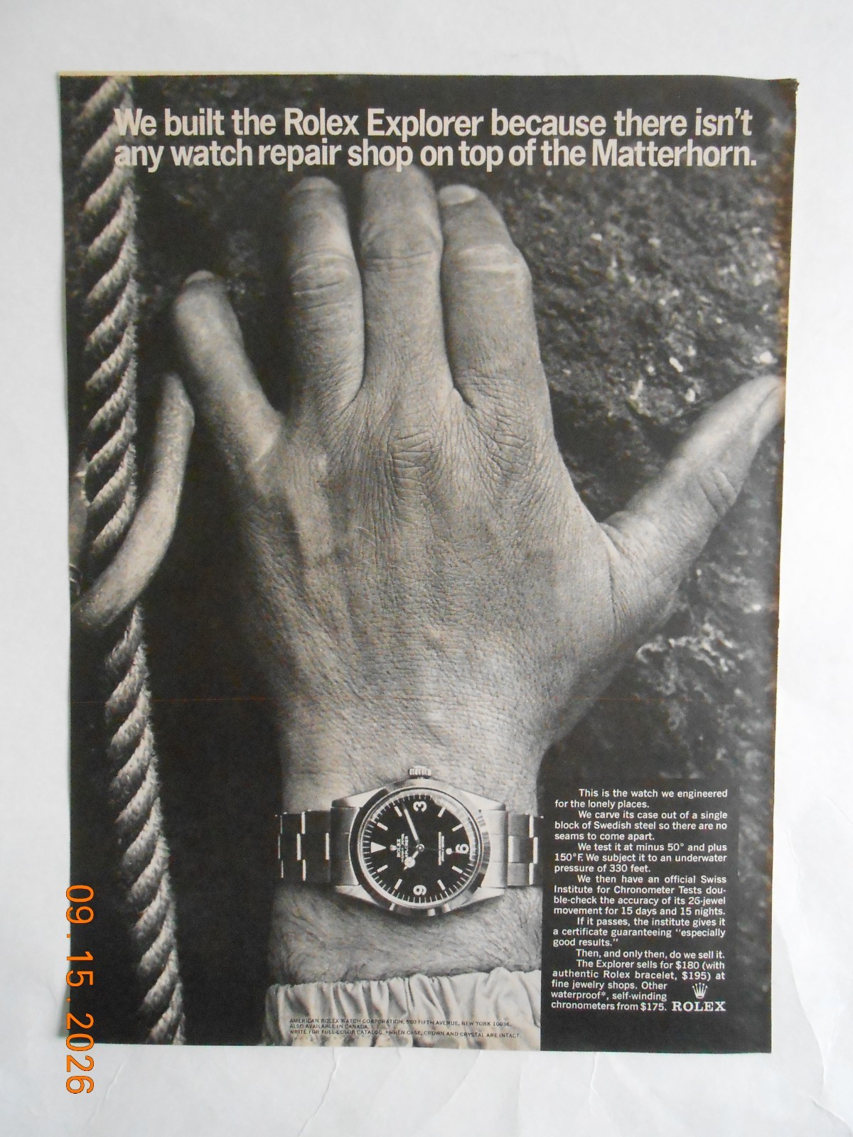 1966 Rolex Explorer wrist watch print ad Matterhorn mountain climber hand