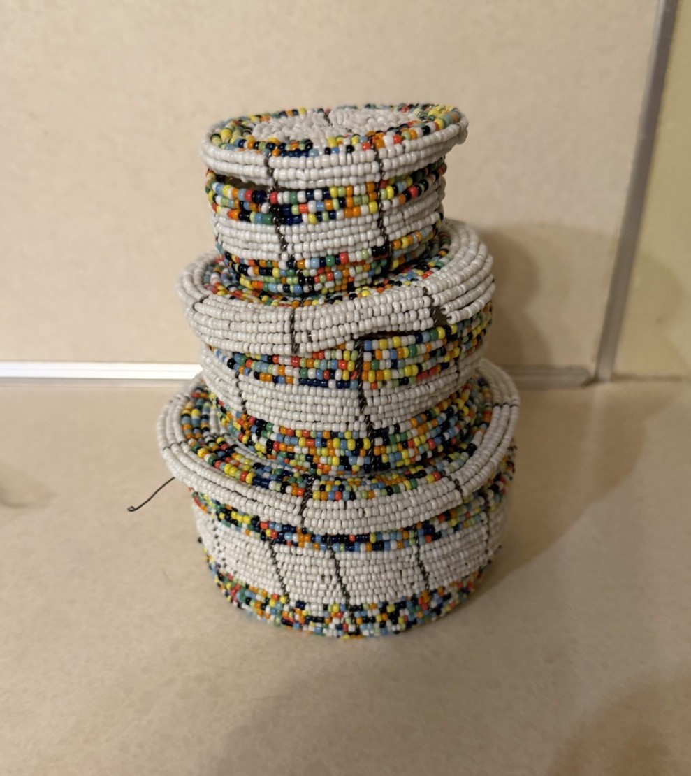 African Hand Beaded Lidded Trinket Boxes Set of 3 Zulu Style Seed Bead Baskets
