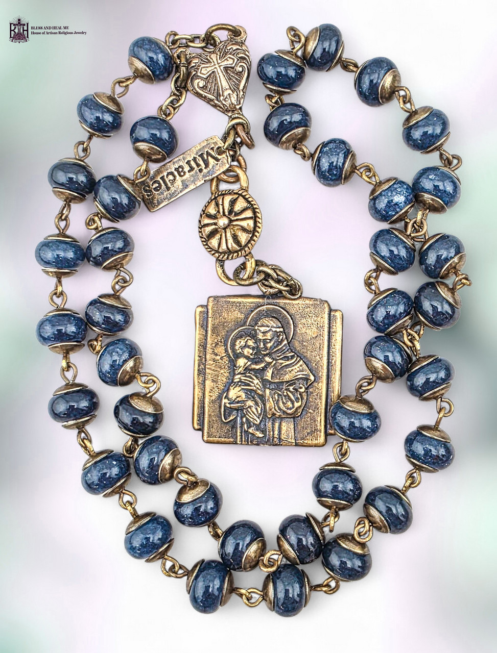 St Anthony Miracles Chaplet -Bronze Heirloom -Blue Jade 40 Beads