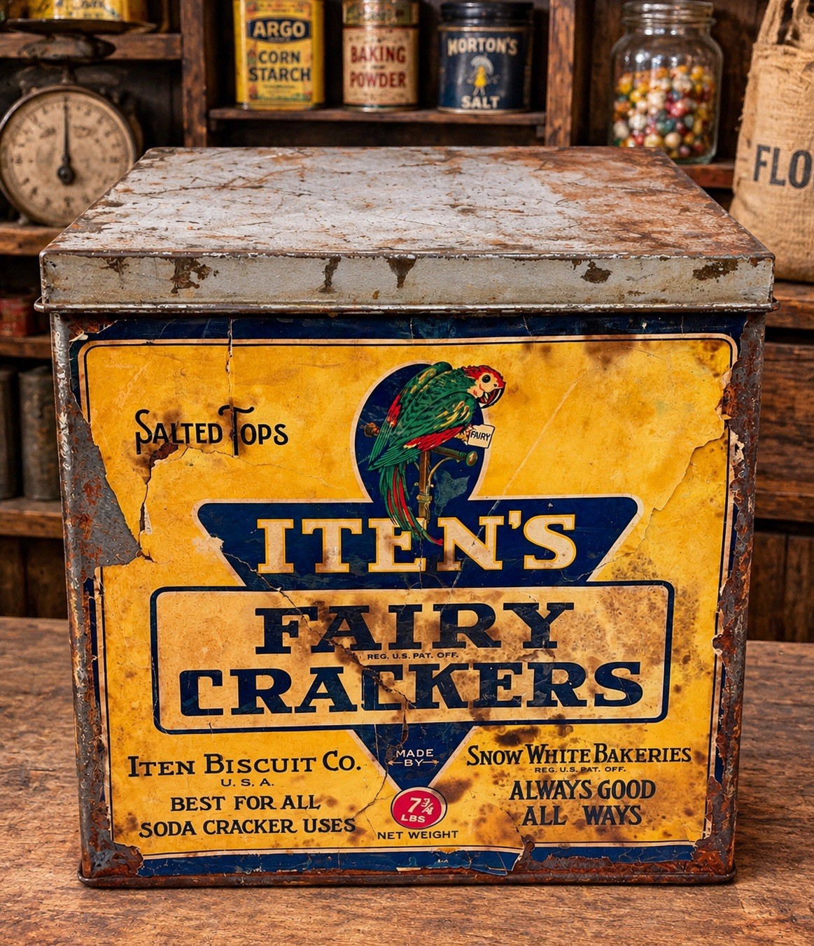 RARE VINTAGE ITEN'S FAIRY CRACKER BISCUIT TIN SNOW WHITE BAKERIES PARROT