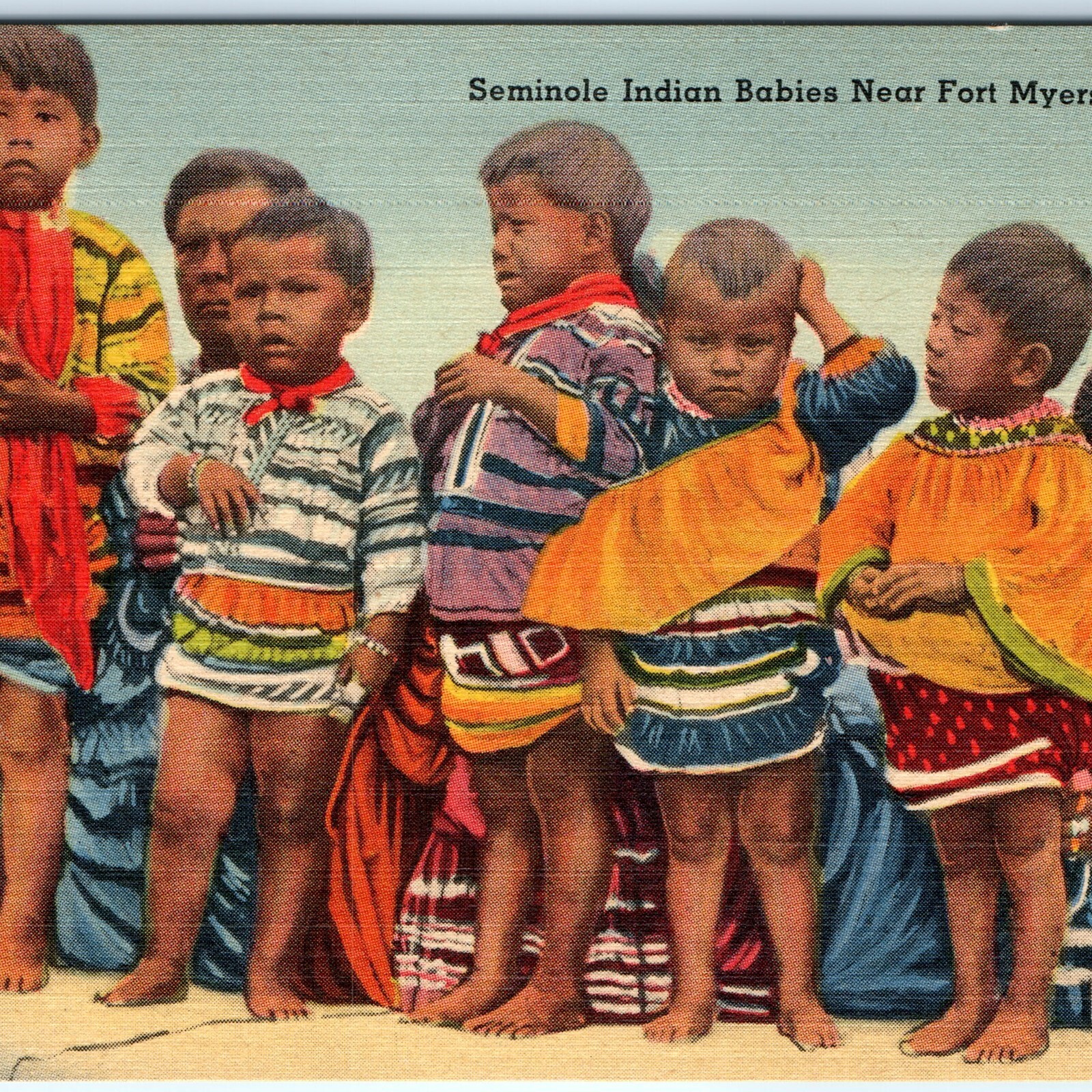 c1940s Fort Myers, FL Seminole Indian Babies Linen Postcard Native Children