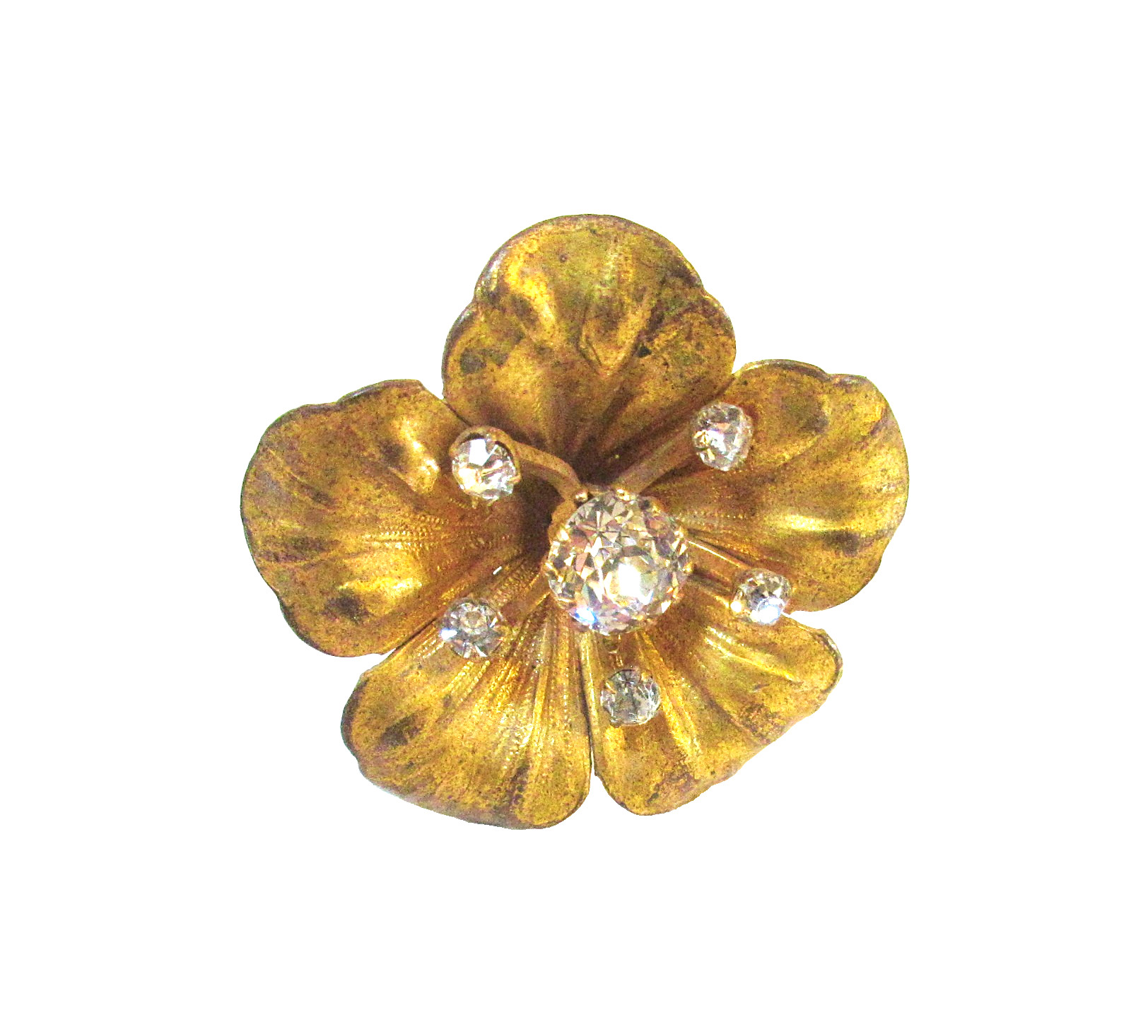 Antique Hatpin Brass Flower Rhinestone Center