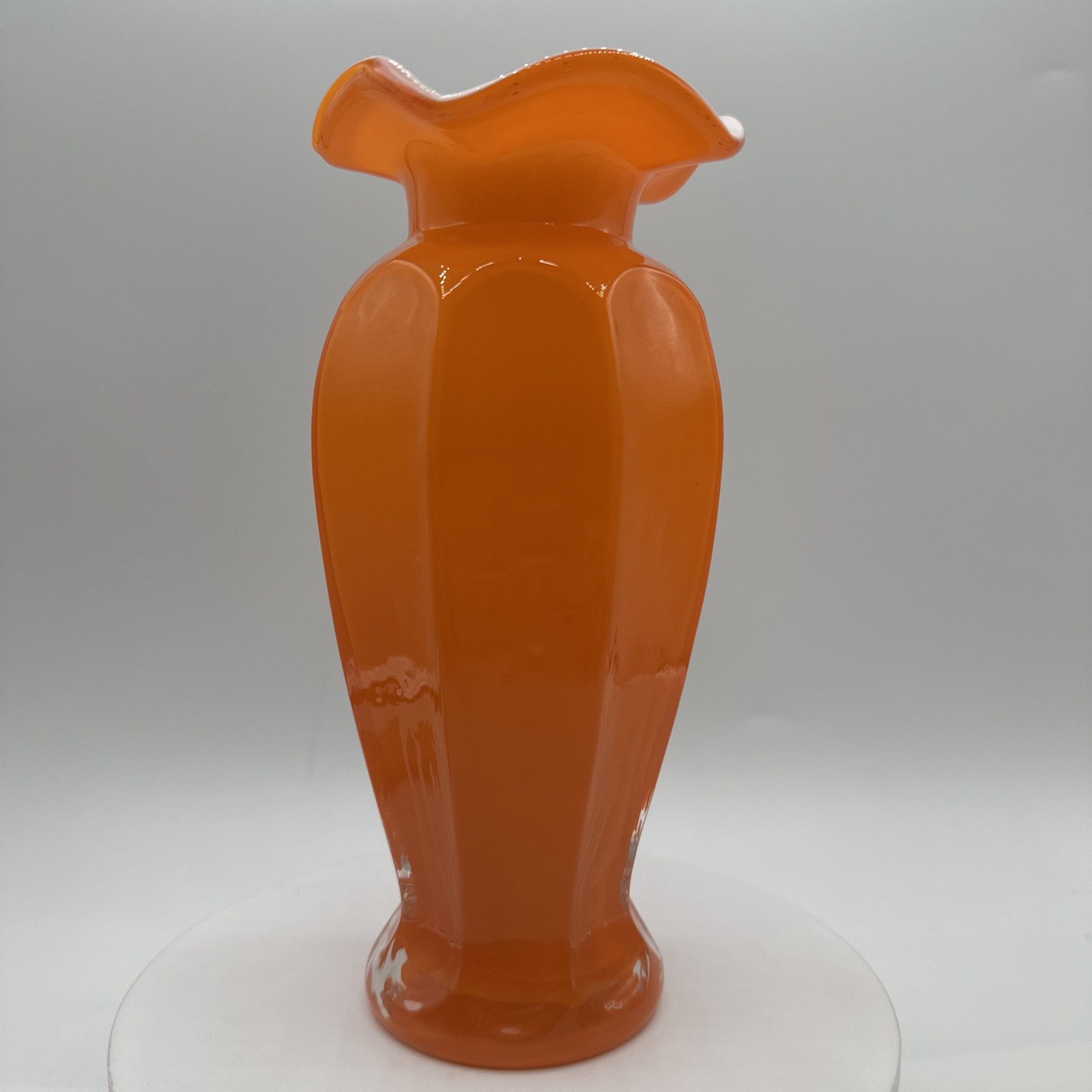 Nice Vintage Tangerine Orange/ White Ruffled Rim Vase. 7 1/2” tall. Mint.