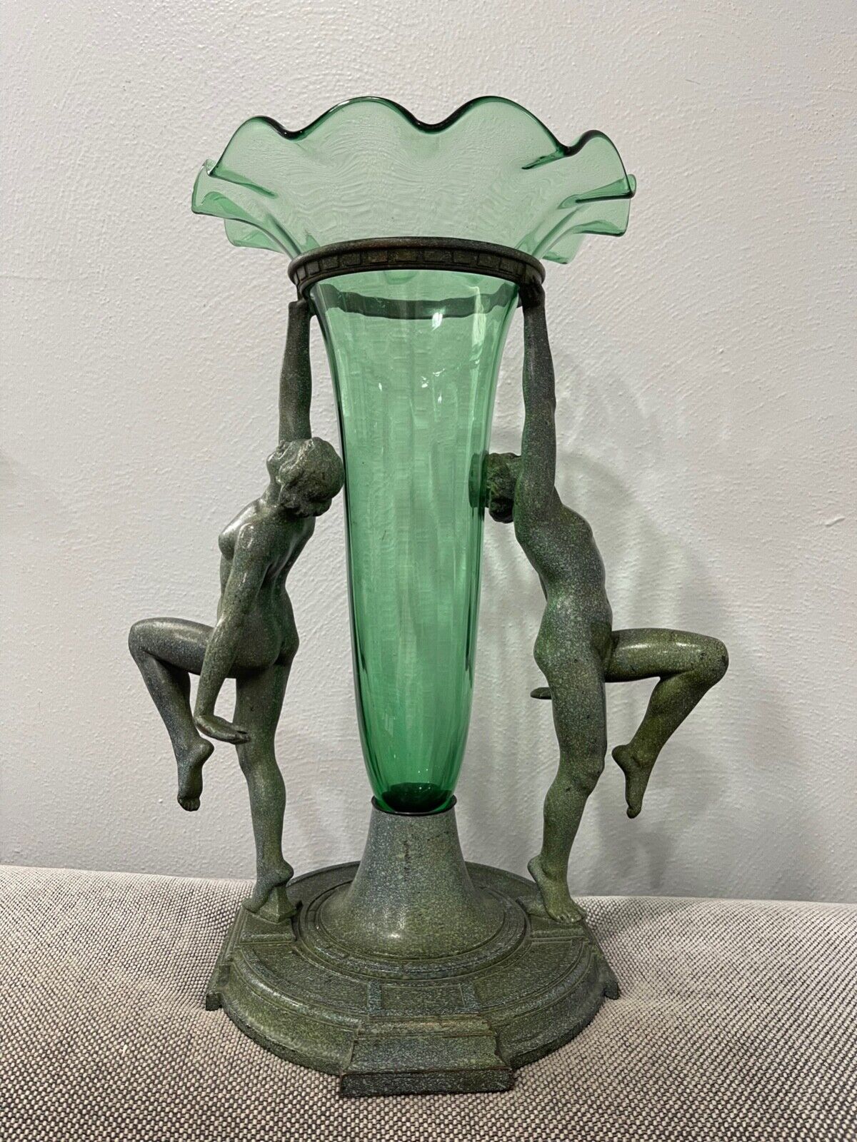 Antique A.C.R Emberger Chicago 1928 Patinated Metal Art Deco Nude Trumpet Vase
