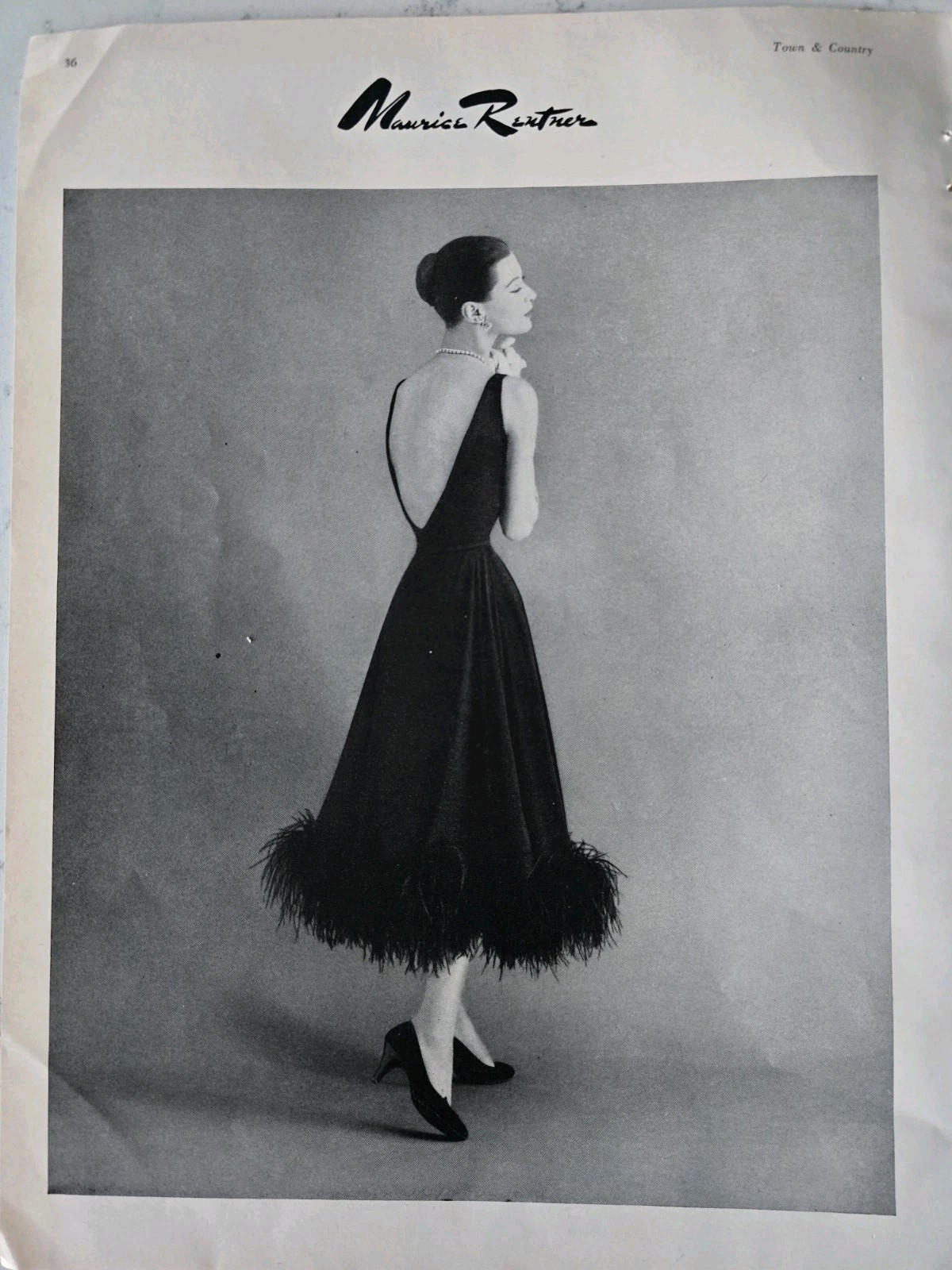 1955 Women\'s Maurice Rentner black evening dress feather trim vintage ad