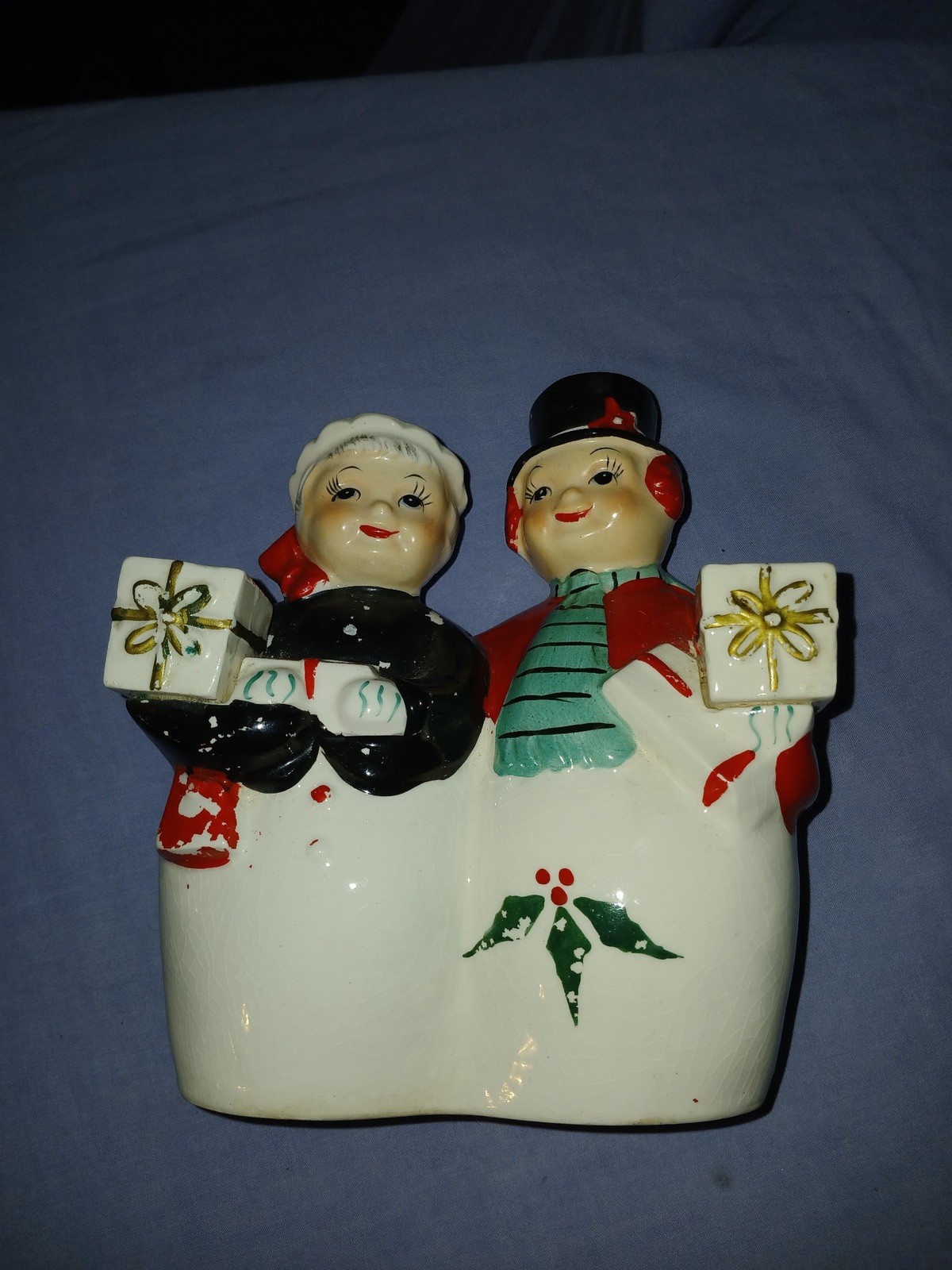 Vintage UCAGCO Mr. & Mrs. Snowman Candle Holder Japan Christmas Decor-CRACKONLFT