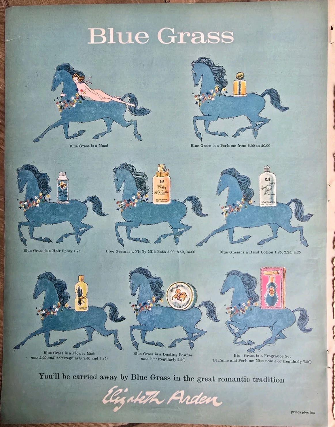 1960 Elizabeth Arden Blue Grass Products Perfume Powder Horses art Vintage Ad 