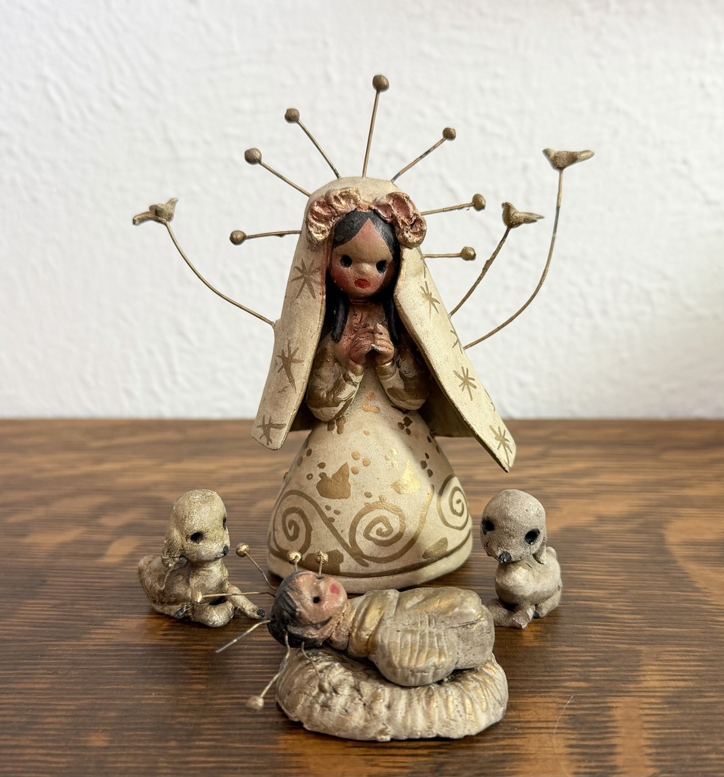 5 Pc Vtg Mexican Pottery Nativity Tonala Folk Art Baby Jesus In Bed  Mary Sheep
