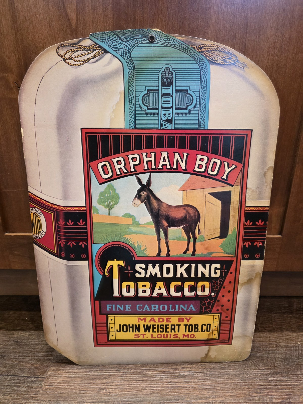 RARE Original Orphan Boy Smoking Tobacco Cardboard Sign Die Cut Hanging St Louis