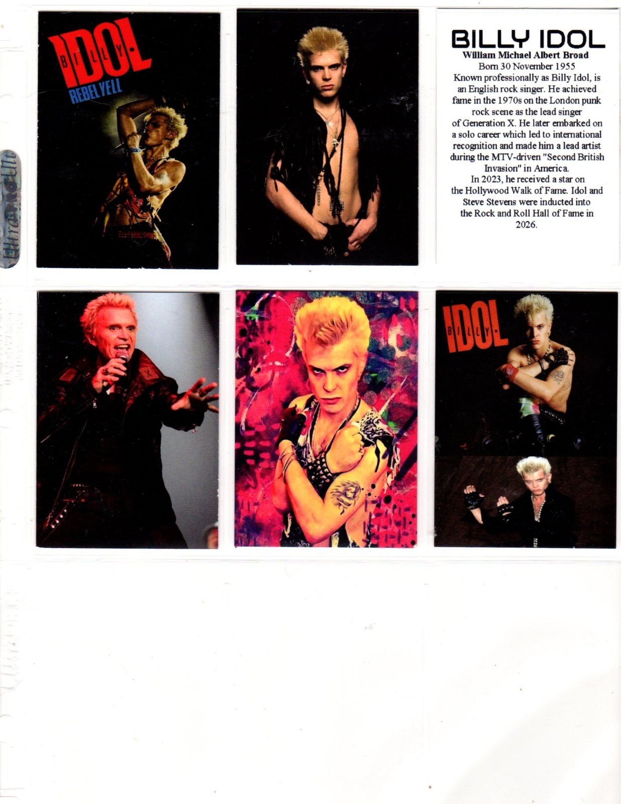 BILLY IDOL    CUSTOM TRADING CARD 6 CARDS  SET