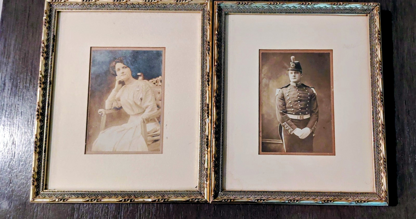 Set of 2 antique photos in matching metal frames
