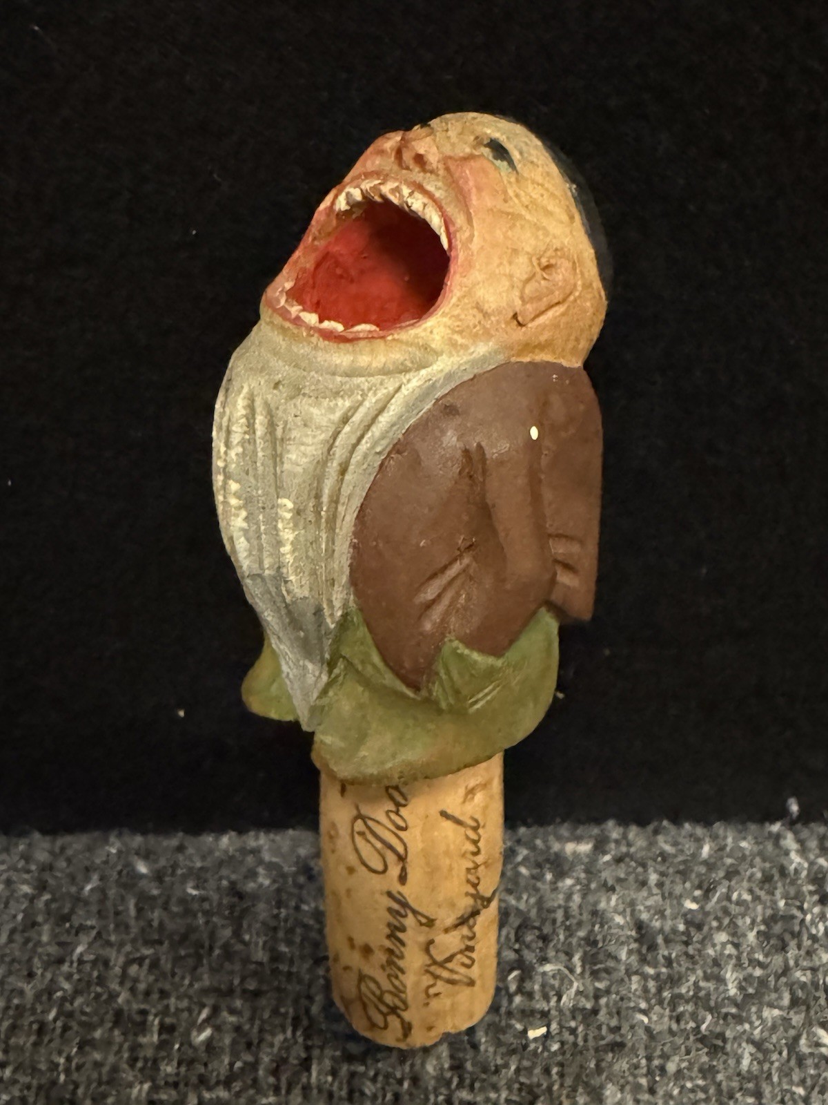 Vtg Big Mouth Hand-carved Wooden Cork Wine Bottle Stopper Bonny Doon Vineyard