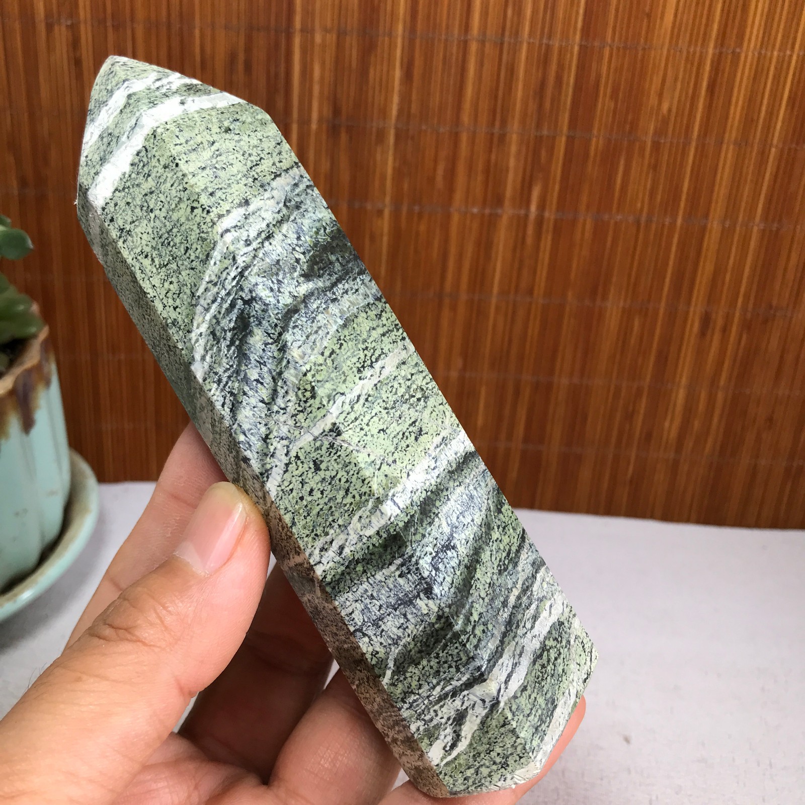 Green Zebra Jasper Obelisk Tower Natural Crystal Point Reiki Healing Decor A7047