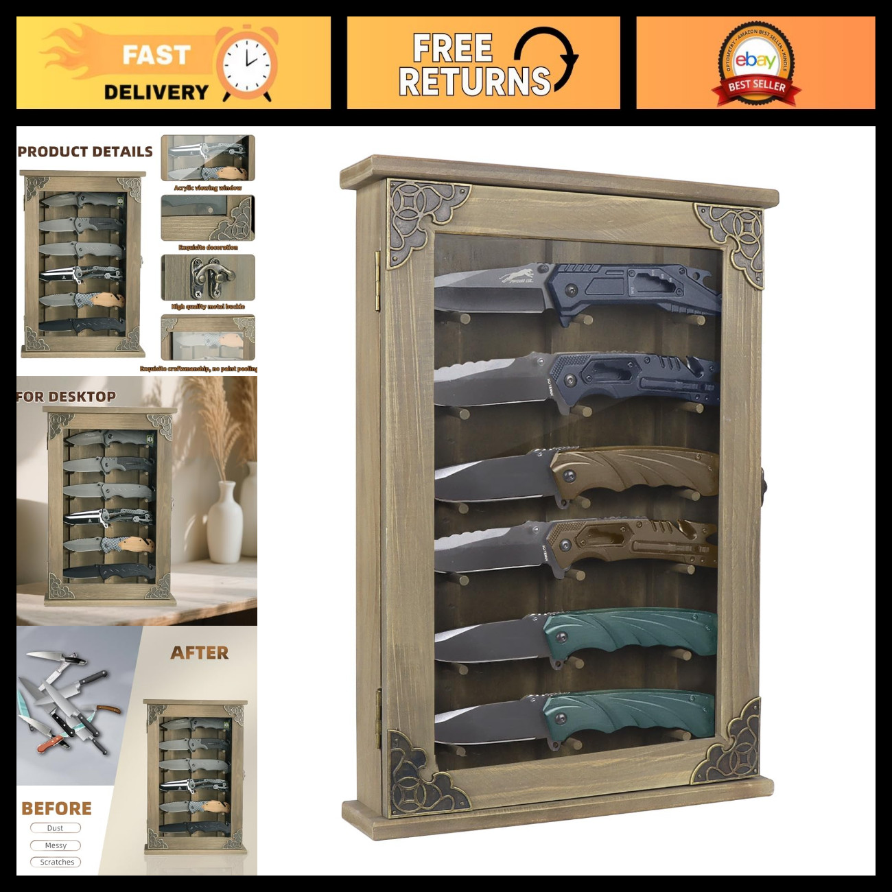 Wooden Knife Display Case - Wall-Mounted Pocket Knife Shadow Box for Collectors