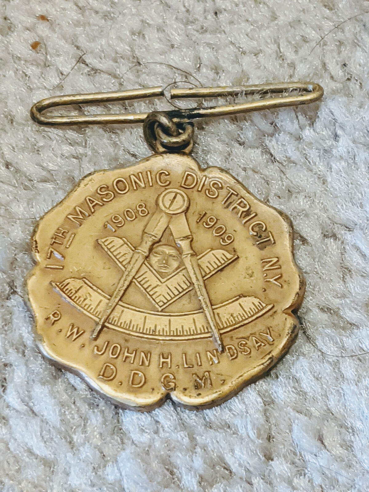 Antique 1908 1909 17th Masonic District NY Pendant R.W. John H. Lindsay DDGM