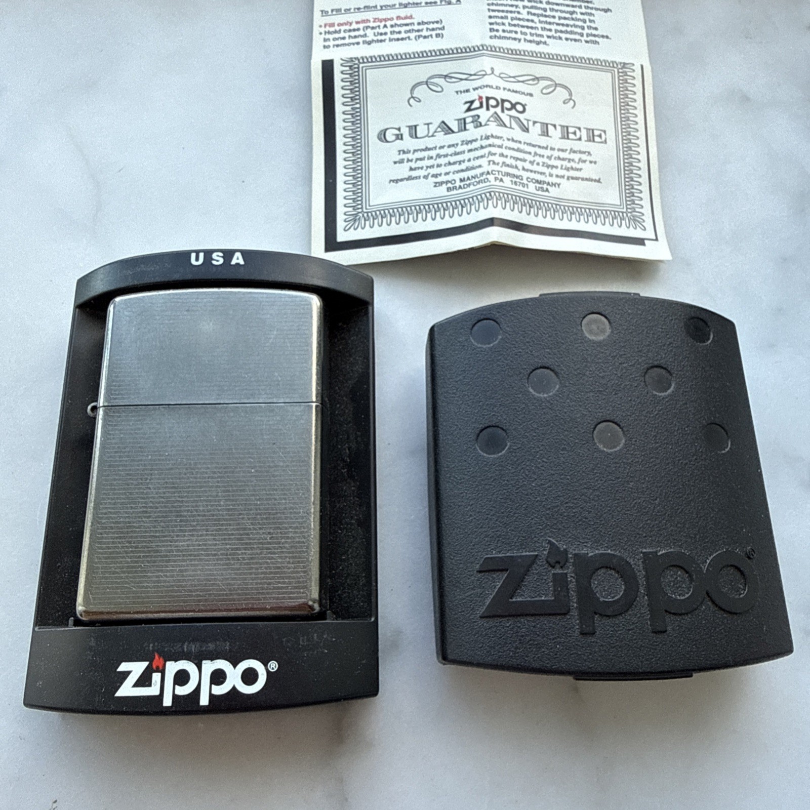Vintage Chrome Zippo With Zippo Holder And Pamphlet