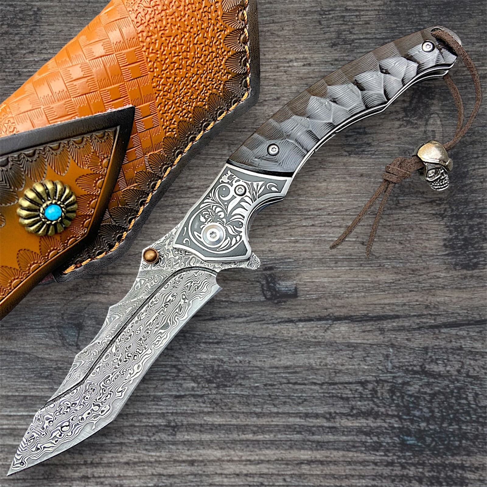 Custom EDC Damascus Steel Pocket Knife, Ebony/Steel Handle, Ball Bearing Pivot