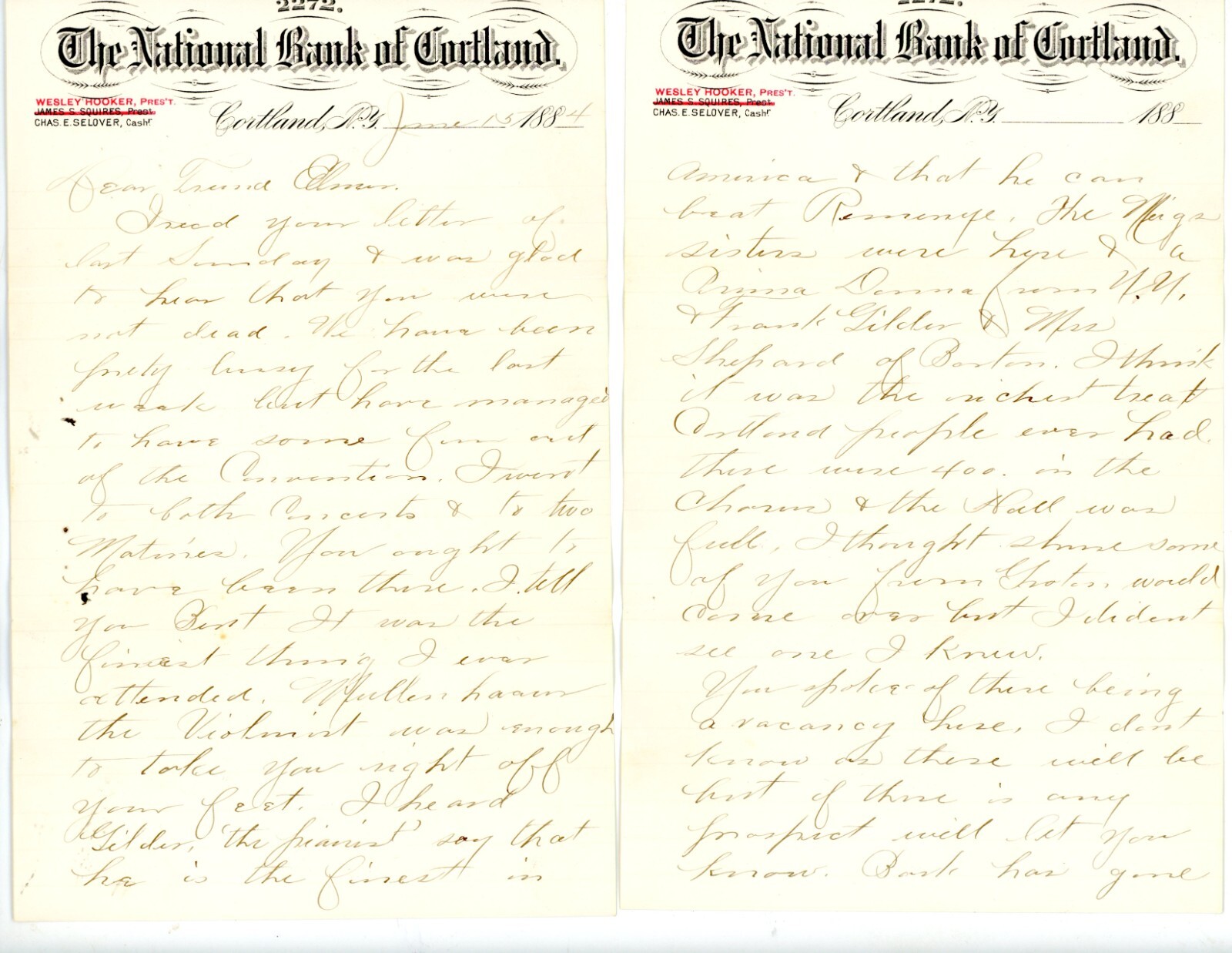1884 Handwritten Letter J. Cummings Cortland NY Sports Opera Whitney Point