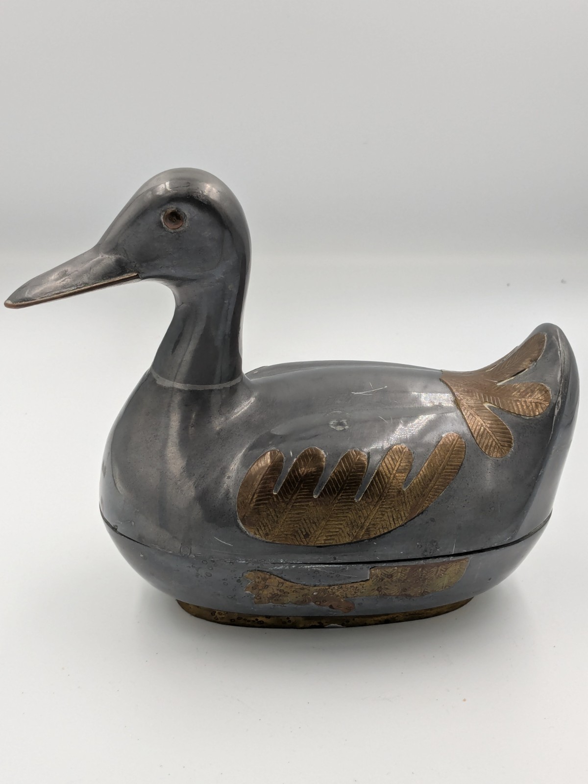 1970's Vintage Figure Statue Duck Trinket Box Casket Pewter Brass Hong Kong Nice