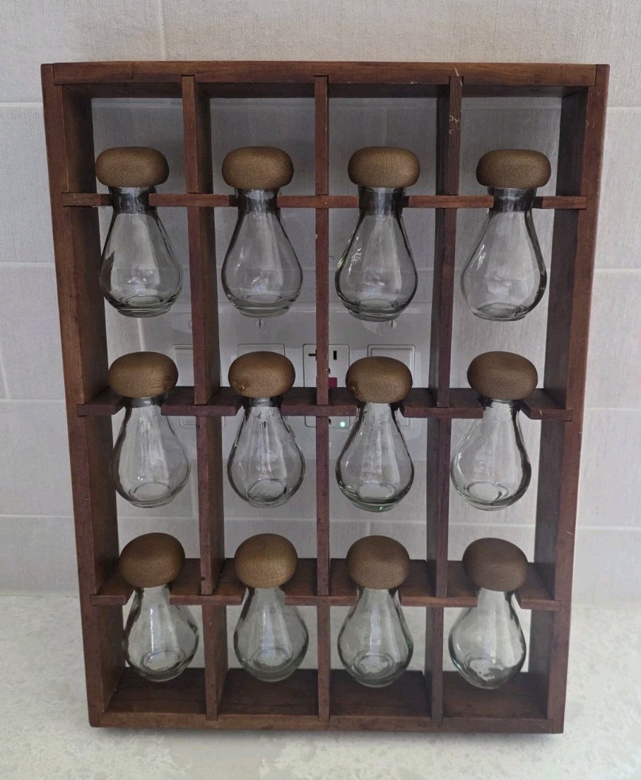Vintage 1970's Goodwood Hardwood 12 Glass Jar Spice Rack