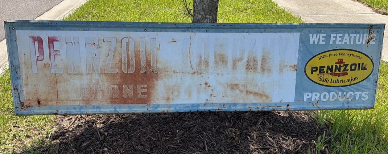 VTG 1969 PENNZOIL A-M Painted Metal Banner Sign 8ft x 2ft RARE LOCAL PICK-UP