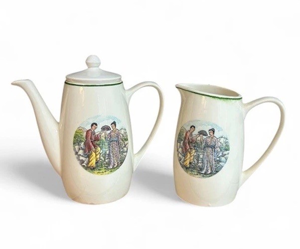 LOFISA Rare Vintage Guadalajara Mexico Pottery Set Of 2 Pitchers Asian Scene