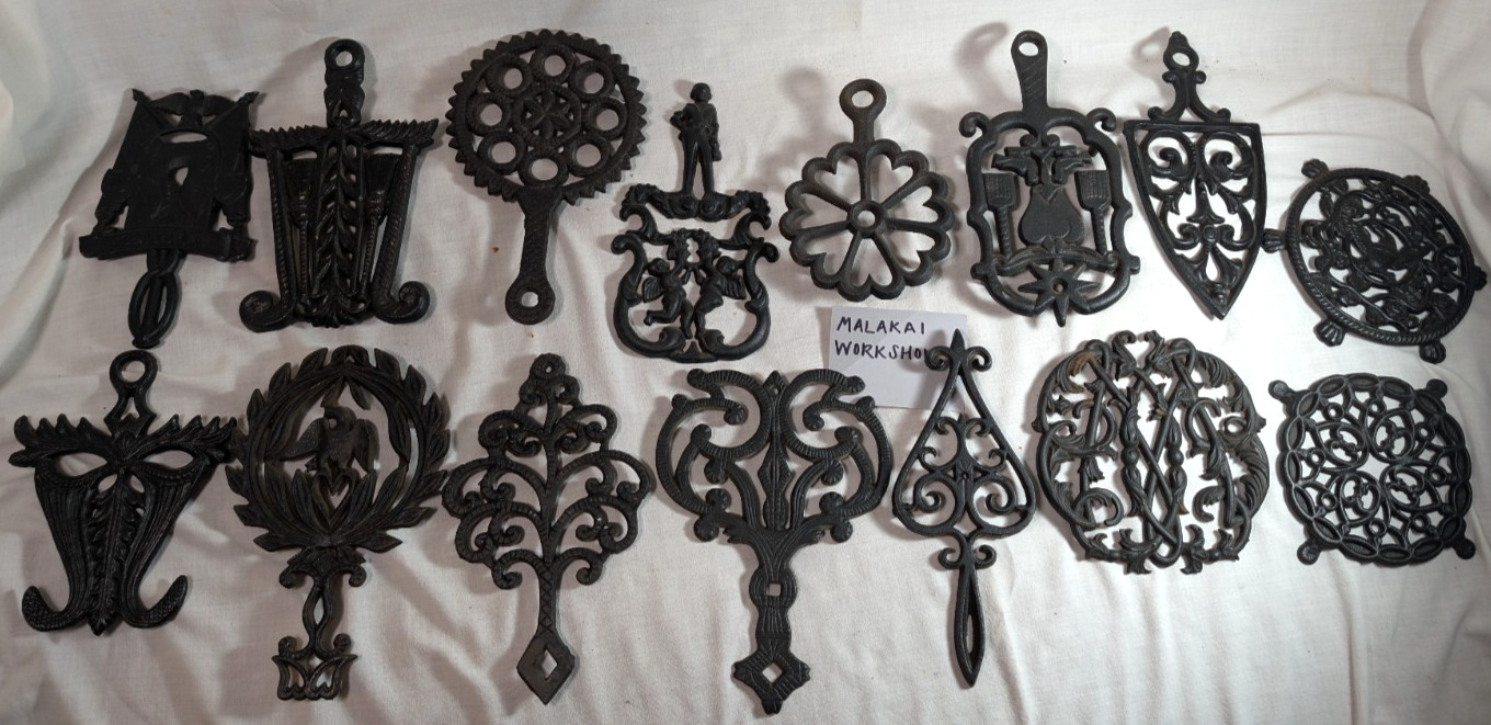 Vintage Cast Iron Trivet Lot of 15 JZH Virginia Metalcrafters Williamsburg 1950s
