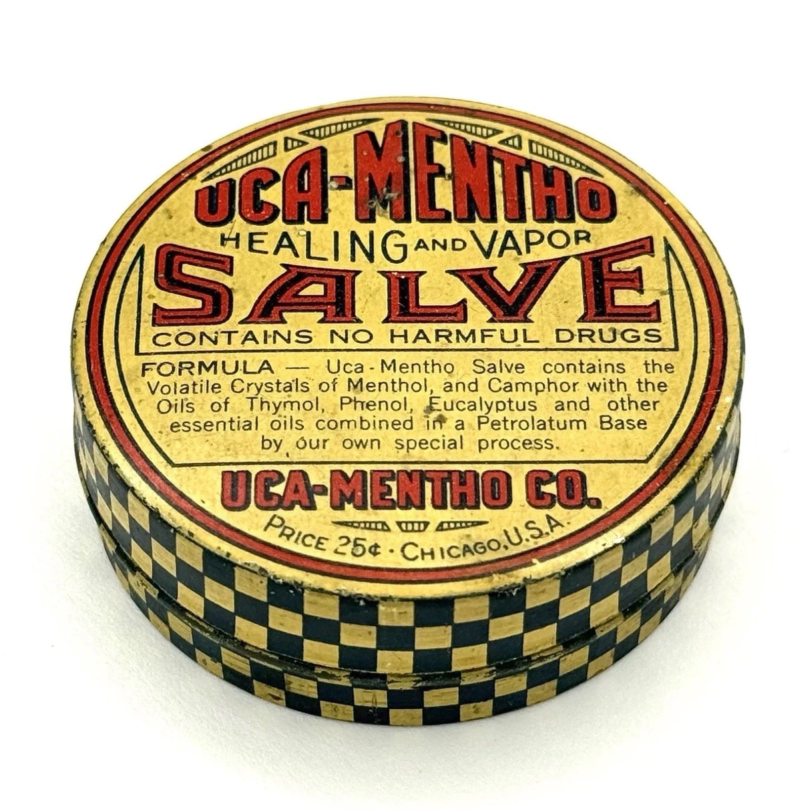 Antique 1930s UCA-Mentho Salve Tin Chicago IL Vintage Litho Medicine Advertising